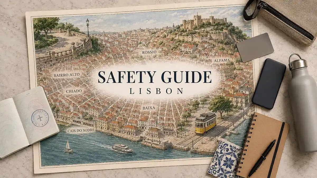 Is Lisbon Safe? An Honest Lisbon Safety Guide 2 Lisbon safety map with Baixa, Alfama, Chiado, Bairro Alto, yellow tram and Tagus waterfront, framed by practical travel objects.