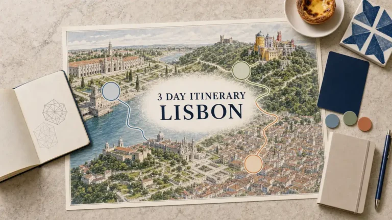 Lisbon three-day itinerary map linking the historic centre, Belem and the wooded palaces of Sintra