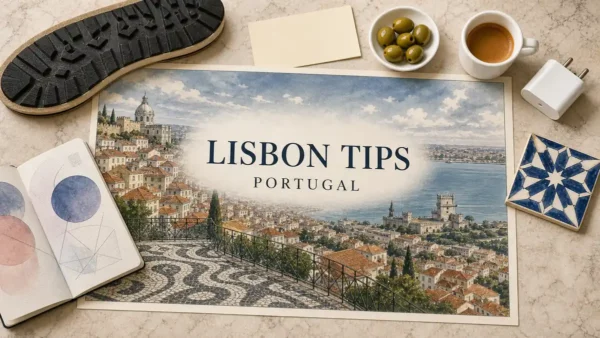 Overhead Lisbon travel-tips flat lay with a hilly city poster, cobblestone viewpoint, shoe tread, olives, tile and travel adapter