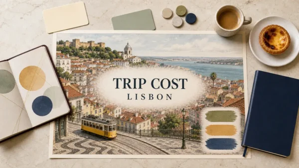 Lisbon trip-cost flat lay with an illustrated hilly city poster, empty tram, three budget swatches and travel-planning objects