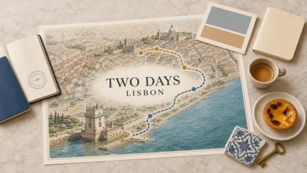 Lisbon two-day itinerary flat lay with Alfama rooftops, Belem Tower and a two-stage route