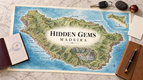 Hidden Gems in Madeira: 10 Quiet Places Most Visitors Miss 9 Illustrated Madeira map with quiet coastal villages, Curral das Freiras and a Porto Santo inset, beside a passport and travel objects.