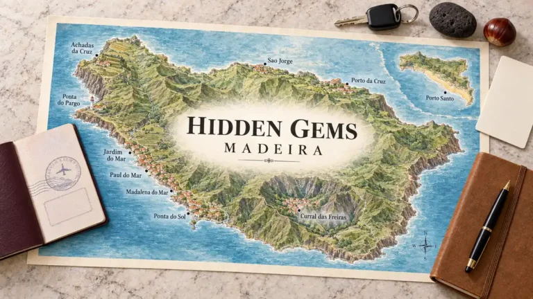 Hidden Gems in Madeira: 10 Quiet Places Most Visitors Miss 1 Illustrated Madeira map with quiet coastal villages, Curral das Freiras and a Porto Santo inset, beside a passport and travel objects.