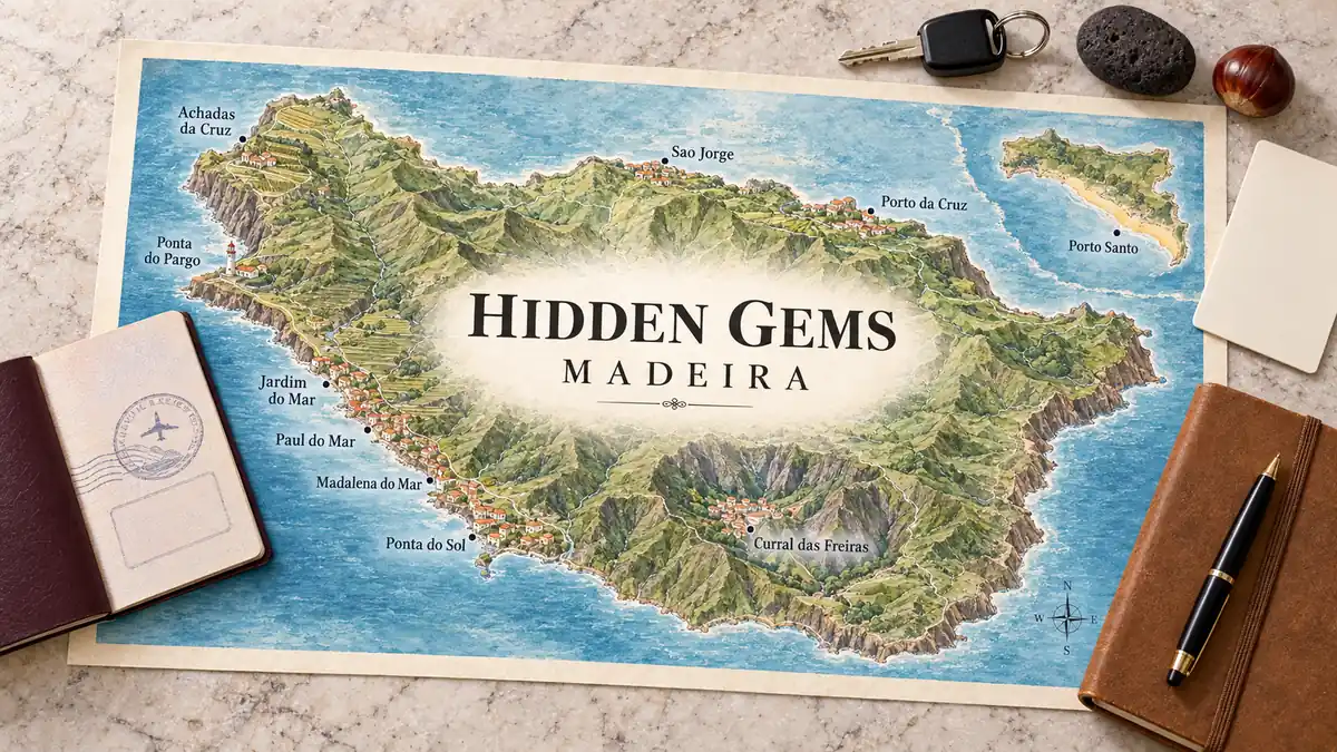 Hidden Gems in Madeira: 10 Quiet Places Most Visitors Miss 2 Illustrated Madeira map with quiet coastal villages, Curral das Freiras and a Porto Santo inset, beside a passport and travel objects.