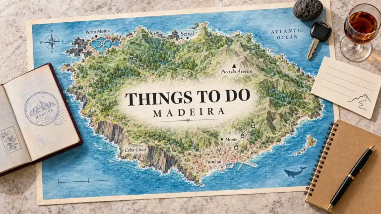 Things to Do in Madeira: 9 Experiences Worth Your Days 7 Madeira map showing Porto Moniz pools, mountain contours, Funchal and Monte beside volcanic stone, a car key, wine and planning objects.