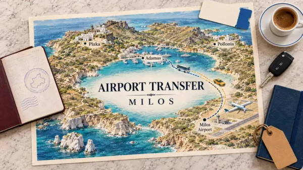 Illustrated Milos airport transfer map framed by a passport, car key, blank ticket card, coffee, notebook and luggage tag.