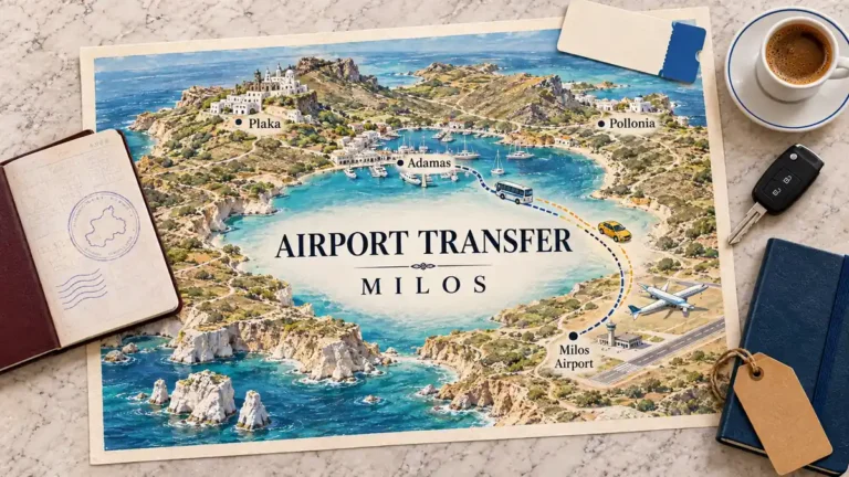 Illustrated Milos airport transfer map framed by a passport, car key, blank ticket card, coffee, notebook and luggage tag.