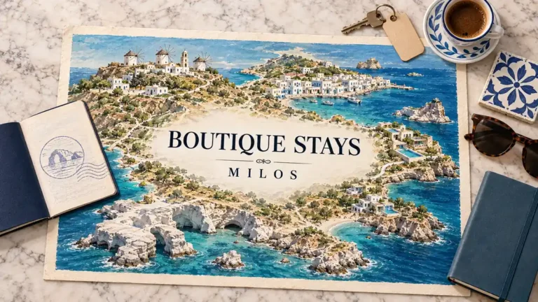 Illustrated Milos map with waterfront houses, hilltop villages and pools, framed by a passport, room key, tile, coffee, notebook and sunglasses.