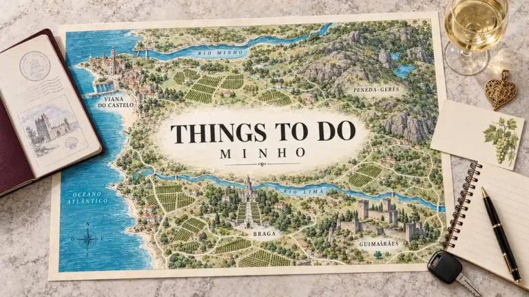 Things to Do in Minho: 6 Experiences Worth Your Days 8 Minho map with Braga, Guimaraes, Viana do Castelo, vineyards and Peneda-Geres beside wine, a filigree heart and planning objects.