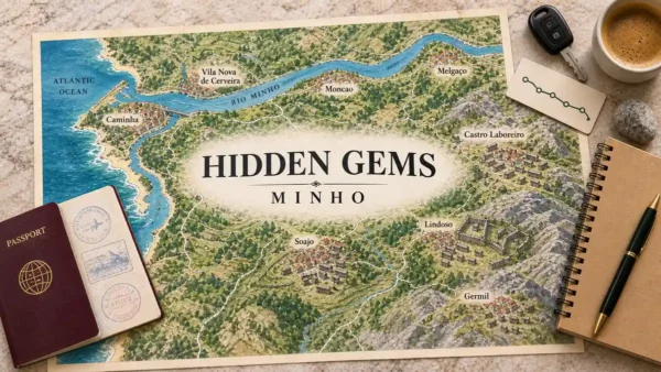 Hidden Gems in the Minho: 8 Villages and Towns the Lists Miss 10 Illustrated Minho map with hidden villages, granite granaries and Rio Minho towns, framed by a passport, car key and travel essentials.