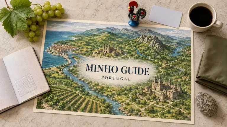 Minho, Portugal: Where to Base, How Long and How to Get Around 7 Overhead Minho travel flat lay with an illustrated green region map, historic cities, river, vineyards, coast and mountains