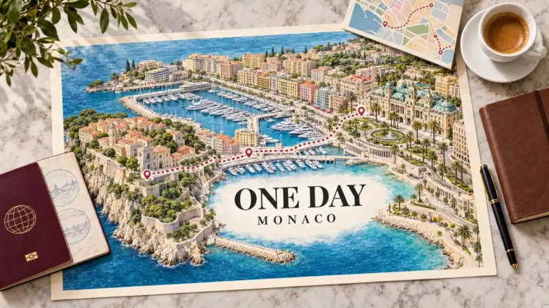 Illustrated Monaco coastal route from the Rock through Port Hercule to Monte-Carlo, framed by a passport, route card, notebook, pen, espresso and leafy branch.