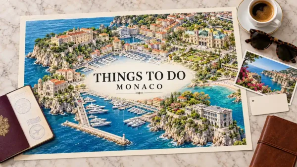Things to Do in Monaco: What's Worth Your Time and What to Skip 10 Illustrated Monaco map with coastal landmarks, harbour, gardens and beach, surrounded by a passport and sightseeing accessories.