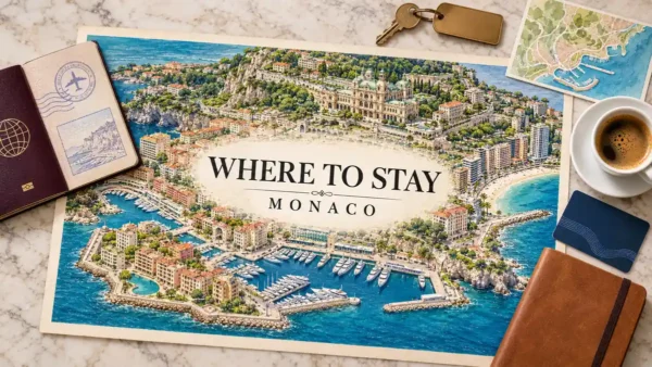 Where to Stay in Monaco: Which Quarter to Base In 9 Illustrated Monaco map showing harbour, hillside neighbourhoods and beach accommodation areas, framed by a passport and hotel-planning accessories.