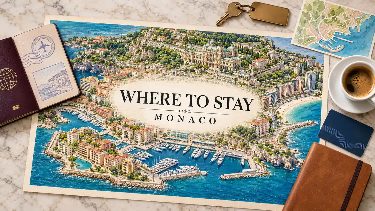 Where to Stay in Monaco: Which Quarter to Base In 2 Illustrated Monaco map showing harbour, hillside neighbourhoods and beach accommodation areas, framed by a passport and hotel-planning accessories.