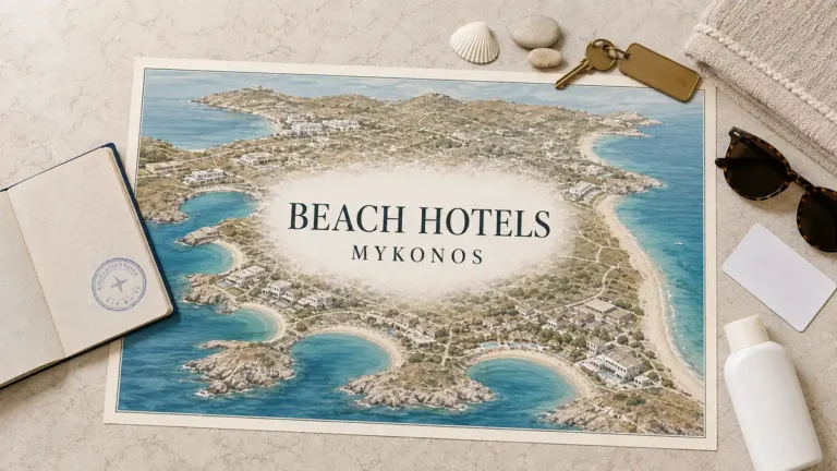 Overhead Mykonos beach-hotel flat lay with an illustrated island map of sheltered bays, empty beaches, hotel terraces, passport and beach travel objects.