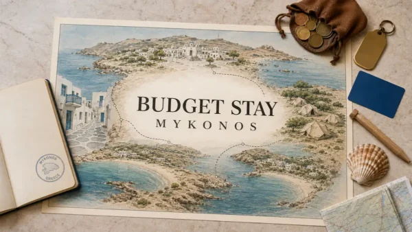 Overhead budget Mykonos stay flat lay with an illustrated island route map, village, town lanes, empty camping area, passport and budget travel objects.