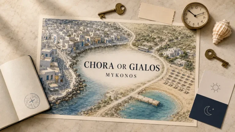 Overhead Mykonos stay-comparison flat lay with an illustrated route between empty whitewashed Chora lanes and a sheltered Platis Gialos-style beach.