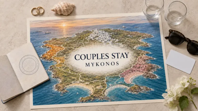 Overhead Mykonos couples-stay flat lay with a sunset island map, paired rings, glasses, sunglasses and flowers