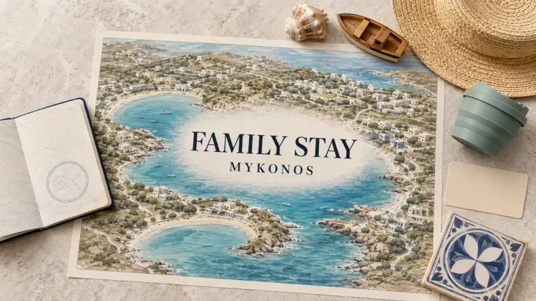 Overhead Mykonos family-stay flat lay with an illustrated island map showing three sheltered bays and family travel props