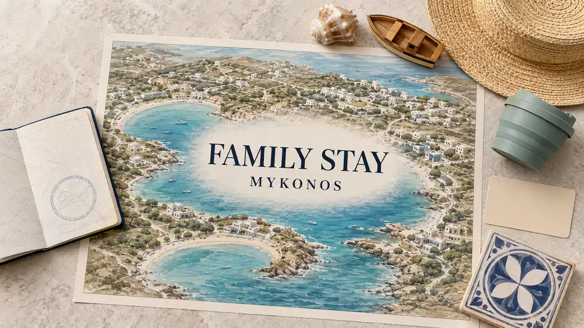 Where to Stay in Mykonos for Families 2 Overhead Mykonos family-stay flat lay with an illustrated island map showing three sheltered bays and family travel props