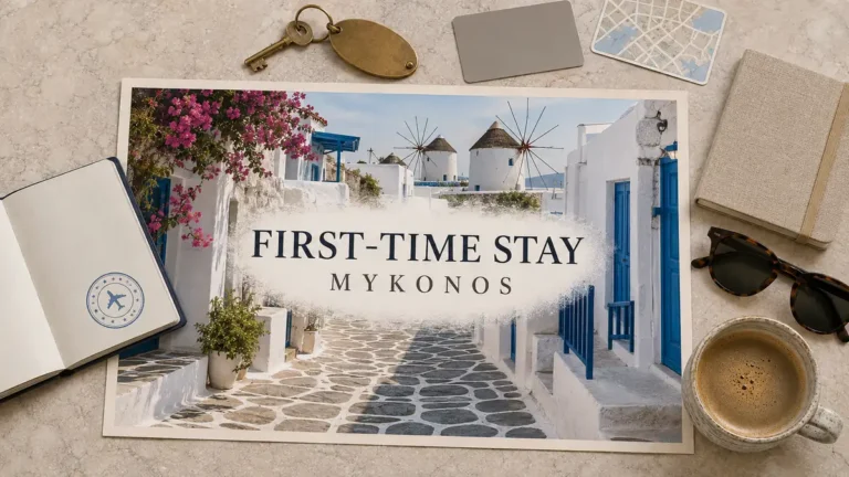 Mykonos whitewashed lane and windmill poster with passport, room key, notebook and travel cards.