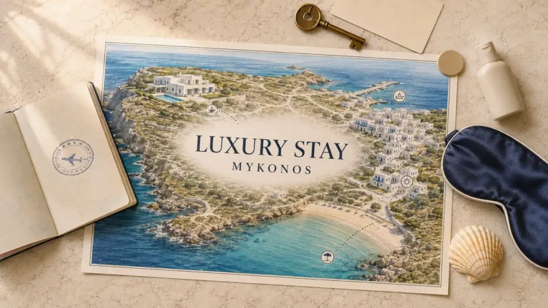 Overhead Mykonos luxury-stay flat lay with an illustrated island map showing an empty sheltered beach, headland villa and whitewashed town.