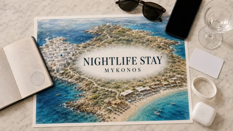 Overhead Mykonos nightlife flat lay with an illustrated island map contrasting Chora and the south-coast beach-club strip