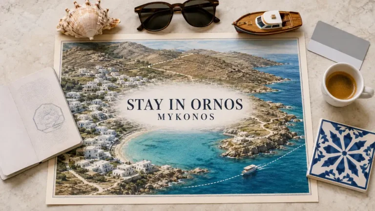 Overhead Ornos travel flat lay with an illustrated sheltered Mykonos bay, village, route lines and water taxi