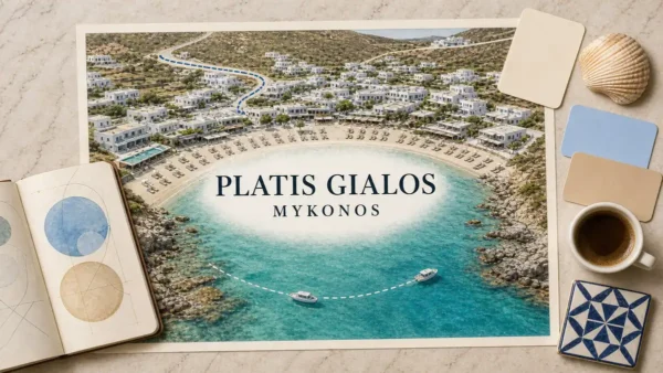 Platis Gialos, Mykonos: What It's Like to Stay Here 4 Platis Gialos Mykonos stay flat lay with an empty organised bay, whitewashed hotel strip, bus route and beach boats