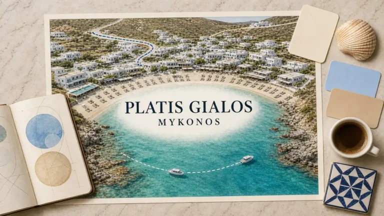 Platis Gialos, Mykonos: What It's Like to Stay Here 7 Platis Gialos Mykonos stay flat lay with an empty organised bay, whitewashed hotel strip, bus route and beach boats
