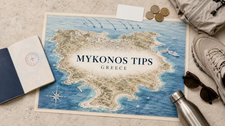 Overhead Mykonos tips flat lay with an illustrated island map, wind arrows, empty coves and Chora lanes, passport, reservation card, coins and travel gear.