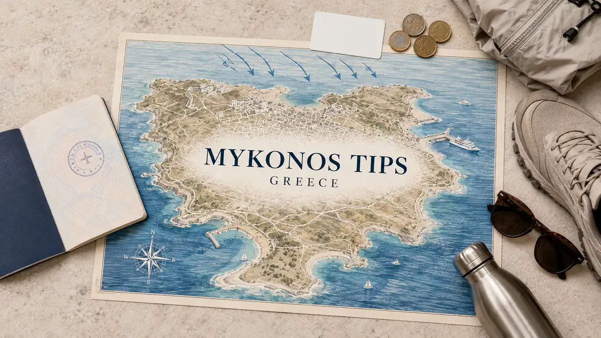 Mykonos Tips: How the Island Actually Works 2 Overhead Mykonos tips flat lay with an illustrated island map, wind arrows, empty coves and Chora lanes, passport, reservation card, coins and travel gear.