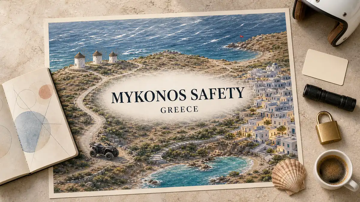 Mykonos Safety: An Honest Verdict on the Island's Real Risks 2 Mykonos safety flat lay with an empty island map, exposed windy coast, parked quad, red beach flag and whitewashed Chora