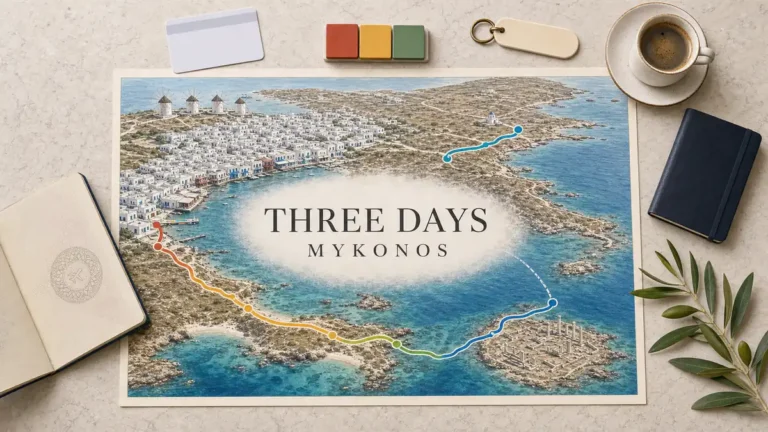 Mykonos three-day itinerary flat lay with Chora, south-coast beaches, Delos and a three-stage route