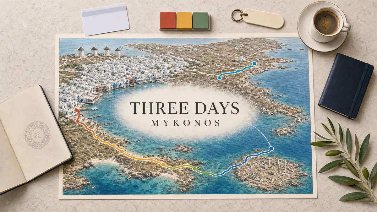 Mykonos 3 Day Itinerary: Town, Beaches and Delos, in Order 2 Mykonos three-day itinerary flat lay with Chora, south-coast beaches, Delos and a three-stage route