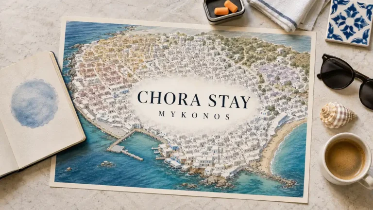 Staying in Mykonos Town: Which Part of Chora to Pick 6 Overhead Mykonos Town map with five colored Chora zones, earplugs, linen, Greek tile, sunglasses, shell and coffee