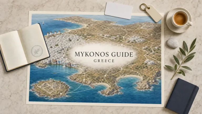 Mykonos travel guide flat lay with Chora, windmills, beaches, island routes and Delos