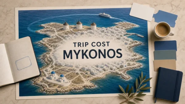 Overhead Mykonos trip-cost flat lay with an illustrated island map, whitewashed Chora, windmills, ferry route and blank budget-planning objects.