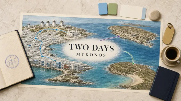 Mykonos two-day itinerary flat lay with a Chora route branching toward Delos or an empty beach
