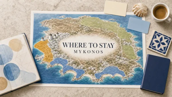 Mykonos where-to-stay flat lay with an illustrated island map highlighting Chora, south-coast beaches and quieter outer areas
