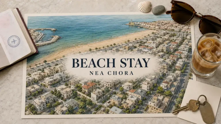 Nea Chora beach-stay map with sandy shoreline, promenade, fishing harbour and residential blocks, framed by beach and lodging objects.