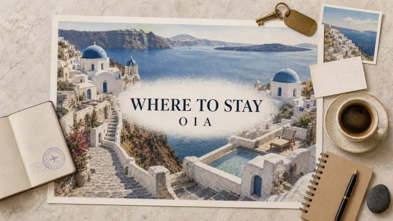 Staying in Oia, Santorini: Is It Worth It and Where to Base 4 Oia stay-planning flat lay with illustrated blue domes, stone steps and an empty caldera terrace with a pool, framed by a passport and room key.