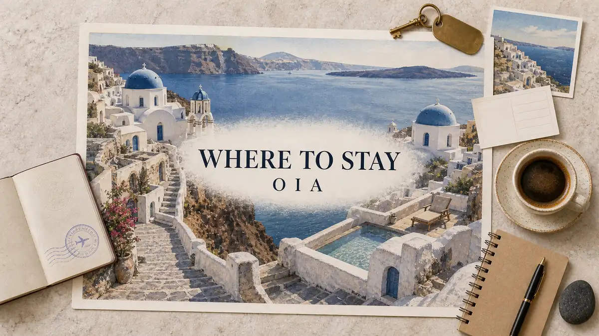 Staying in Oia, Santorini: Is It Worth It and Where to Base 2 Oia stay-planning flat lay with illustrated blue domes, stone steps and an empty caldera terrace with a pool, framed by a passport and room key.