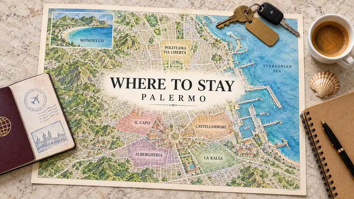 Where to Stay in Palermo: Six Areas and Which One to Book 2 Palermo neighborhood map with La Kalsa, Il Capo, Albergheria and Castellammare, a Mondello inset, keys, coffee and a shell.