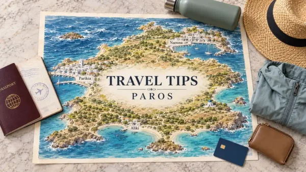 Paros coastal map framed by a passport, reusable bottle, sunhat, folded jacket, blank payment card and coin purse.