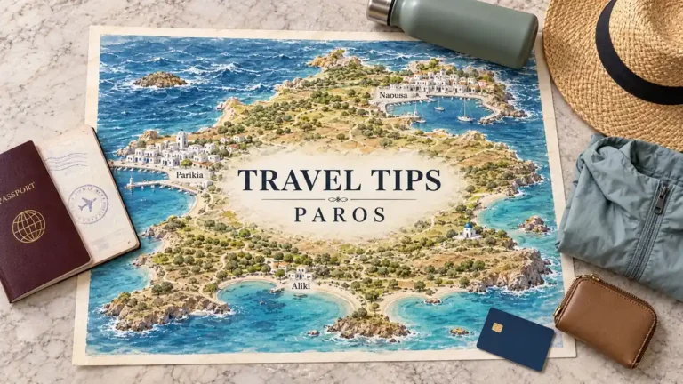 Paros coastal map framed by a passport, reusable bottle, sunhat, folded jacket, blank payment card and coin purse.