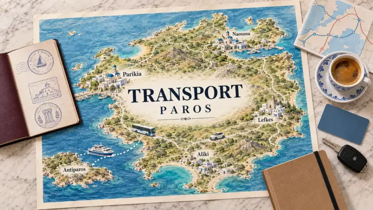 Illustrated Paros transport map with bus, car and ferry routes, framed by a passport, notebook, route card, blank card, coffee and car key.