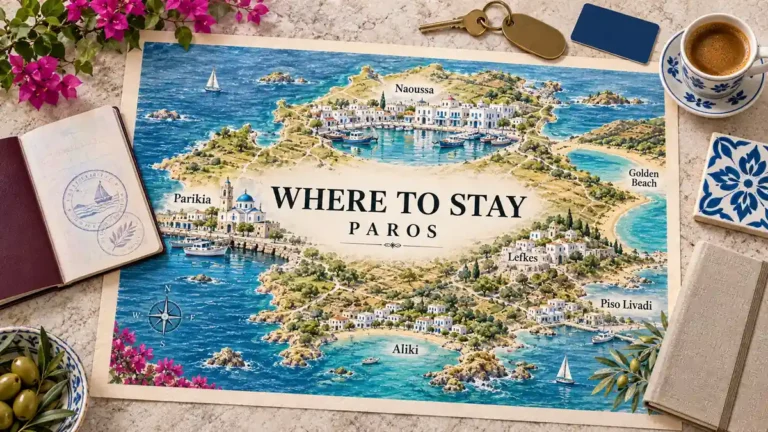 Illustrated Paros map with harbour towns and beach coves, surrounded by a passport, room key, card, coffee, tile, notebook, flowers and olives.