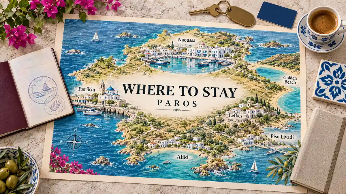 Where to Stay in Paros: Parikia, Naoussa or the Beaches? 2 Illustrated Paros map with harbour towns and beach coves, surrounded by a passport, room key, card, coffee, tile, notebook, flowers and olives.